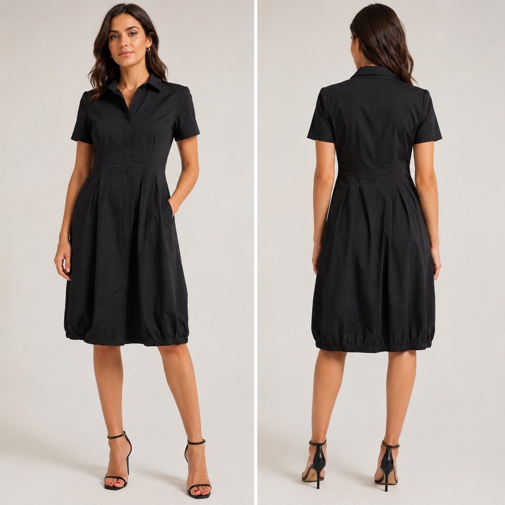 Peserico Italy Black Cotton Blend Collared Shirt Dress Balloon Hem Size 42 US 8